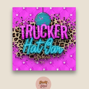Puede incluir: Un diseño gráfico rosa y marrón con una bola de discoteca y el texto "Trucker Hat Bar Designs".
