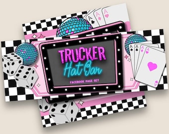 Puede incluir: Un fondo de cuadros negros y rosas con un letrero de neón que dice "Trucker Hat Bar" y el texto "Facebook Page Set". El letrero está rodeado de dados, cartas de juego y bolas de discoteca.