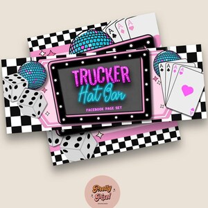 May include: A pink and black checkered background with a neon sign that says "Trucker Hat Bar" and the text "Facebook Page Set". The sign is surrounded by dice, playing cards, and disco balls.