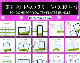 May include: A collection of 50+ digital product mockups for use in marketing and branding. The mockups feature various devices, including phones, tablets, and laptops, showcasing different product designs and layouts. The mockups are designed to be easily customizable and can be used to create professional-looking marketing materials.