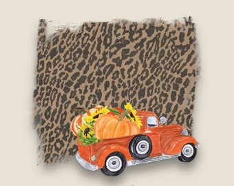 Fall Truck Leopard Background, Fall Vintage Frame, Autumn Truck Clip-Art, Fall Vintage Truck, Sublimation Splash, Fall Harvest ClipArt PNG