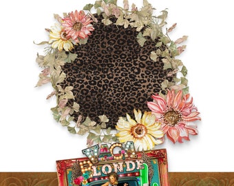 Leopard & Sunflower Wreath Background, Digital Download PNG, Fall Wreath Clip Art, Autumn Floral Wreath, Commercial use ok, Sublimation PNG