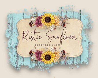 Rustic Sunflower Logo: Blank Distressed Wood, Teal, Boho Design (PNG, JPEG Instant Download)