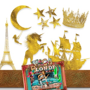 Set van 6 Gold Foil ClipArt Graphics. Fairytale Digital PNG Downloads set bevat: Eiffeltoren, Swing on Moon, Stars, Crown, Ship & Unicorn