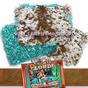 Koeienhuid en groenblauw glitter achtergrond splash png-afbeeldingen (set van 3) (digitale download)