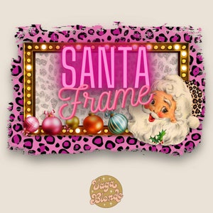 Pink Cheetah Santa Frame: Retro Christmas Marquee (PNG Digital Download)