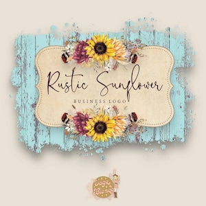 Rustykalne logo słonecznika: postarzane drewno, kolor turkusowy, wzór boho (PNG, natychmiastowe pobranie JPEG)