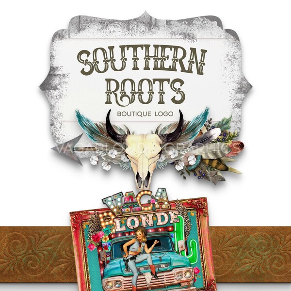 Southern Roots Watermark, DIY Boutique Logo, Rustic Business Branding, DIY Logo, Bull Skull Arrow Logo, Boho Watermark, PNG Digital Download