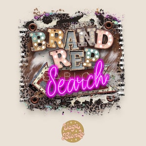 Może przedstawiać: Projekt graficzny o postarzanym, zużytym wyglądzie, przedstawiający słowa "Brand Rep Search" w neonowym różowym kolorze. Słowa są otoczone brązowym, białym i czarnym wzorem krowiej skóry. Projekt jest oprawiony w czarno-białą, paskowaną ramkę.