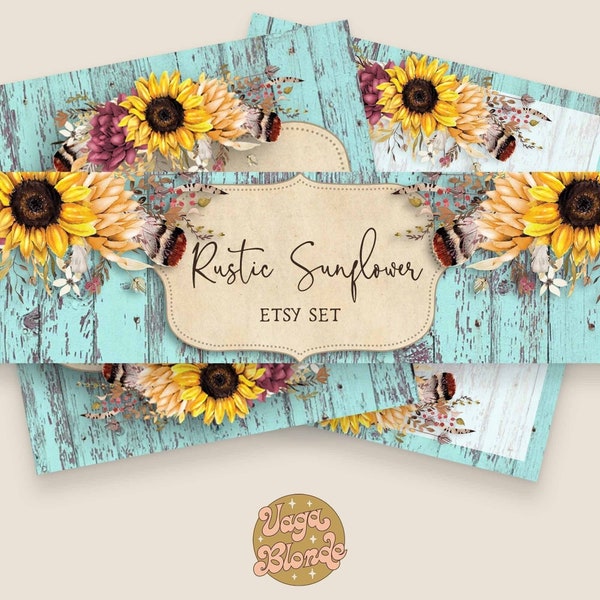 Rustic Sunflower Etsy Shop Set, Sunflower Etsy Banners, Rustic Etsy Set, Floral Etsy Banners, Blank Etsy Banners, Floral Feathers Etsy Kit