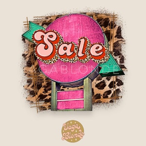 May include: A pink and green retro-style sign with the word "Sale" in a bold, stylized font. The sign is surrounded by a brown and black leopard print pattern.