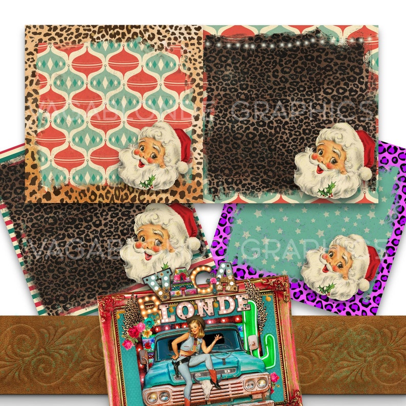 May include: Digital collage sheet with a vintage Christmas theme. The sheet includes images of Santa Claus, a leopard print pattern, a turquoise and red geometric pattern, and a turquoise and white star pattern. The sheet also includes a vintage car with a woman in a red dress and the text "Vegas Blonde".