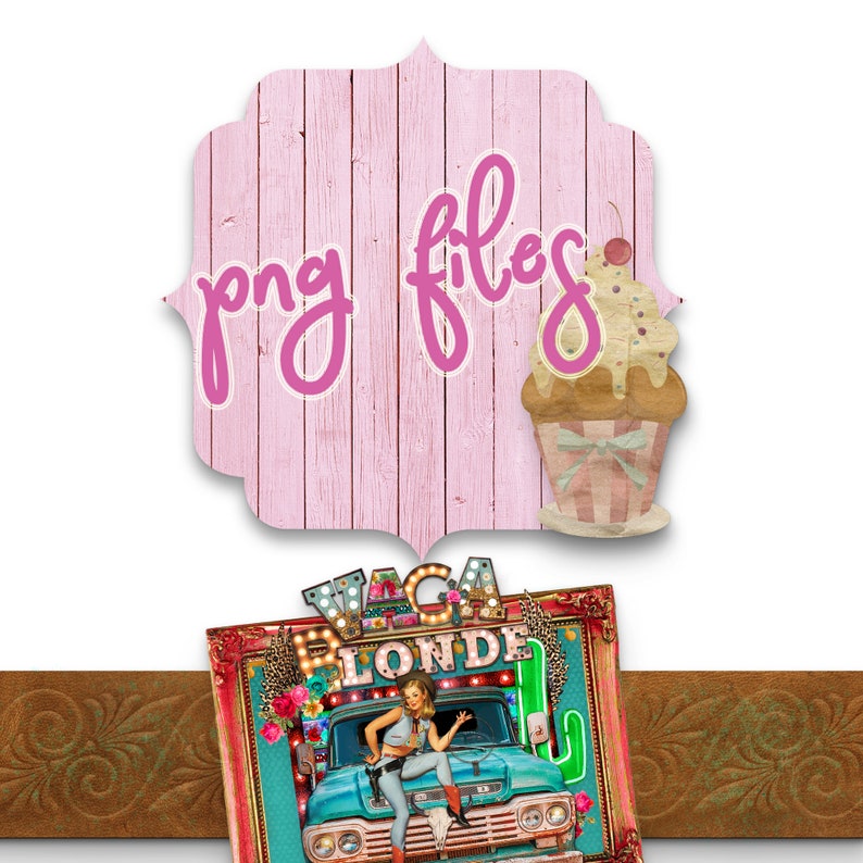 K&ouml;nnte beinhalten: Ein digitaler Download einer Grafik im Vintage-Stil mit einem t&uuml;rkisfarbenen LKW mit einem Schild mit der Aufschrift "VACA BLONDE" und einer Frau in einem blauen Hemd und Jeans, die auf dem Trittbrett steht. Die Grafik ist in einem goldenen Rahmen mit floralen Akzenten und einem rosa Cupcake mit Streuseln obenauf gerahmt.