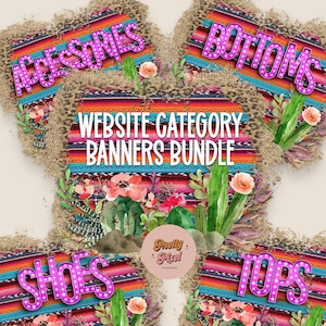 Banery kategorii witryn zachodnich: Butik + Małe firmy, przyciski Shopify lub witryny (pliki PNG do natychmiastowego pobrania)