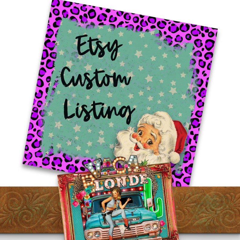 May include: A pink and black leopard print background with a teal blue square overlay. The square has white stars and the text "Etsy Custom Listing" in black. A cartoon Santa Claus with a red hat is partially visible in the bottom right corner of the square.