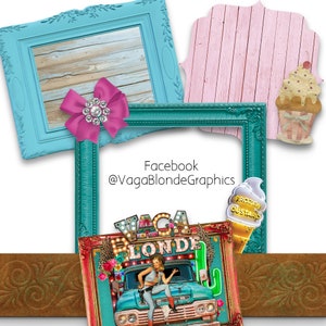 K&ouml;nnte beinhalten: Eine digitale Collage mit einer Vintage-Illustration einer Frau in einem blauen Hemd und Jeans, die auf der Motorhaube eines blauen Pick-up-Trucks sitzt. Der Truck hat ein Schild mit der Aufschrift "Vaga Blonde" mit Gl&uuml;hbirnen. Das Bild ist mit einem t&uuml;rkisfarbenen Rahmen gerahmt und von anderen dekorativen Elementen umgeben, darunter ein rosafarbenes Holzschild, ein blauer Rahmen mit einem Holzhintergrund und ein Cupcake.