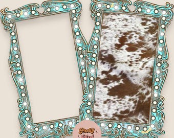 Teal selectiekader frames set: blanco + koeienhuid rustieke frame-illustraties (PNG Instant Download)