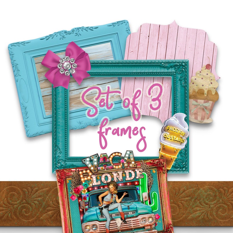 K&ouml;nnte beinhalten: Set aus drei t&uuml;rkisfarbenen und hellblauen Bilderrahmen mit einem rosafarbenen Holzmaserungshintergrund. Die Rahmen sind mit einer rosa Schleife und Strasssteinen verziert. Der Text "Set of 3 frames" ist in rosa Kursivschrift geschrieben.