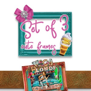K&ouml;nnte beinhalten: Set mit 3 niedlichen Rahmen mit einem t&uuml;rkisfarbenen Rahmen, einer rosa Schleife mit einem Strassstein und einem Eisbecher mit Frozen Custard. Der Rahmen ist leer und bereit f&uuml;r ein Foto.