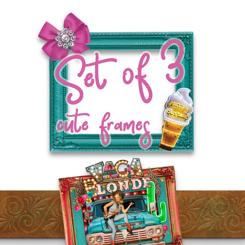 K&ouml;nnte beinhalten: Set mit 3 niedlichen Rahmen mit einem t&uuml;rkisfarbenen Rahmen, einer rosa Schleife mit einem Strassstein und einem Eisbecher mit Frozen Custard. Der Rahmen ist leer und bereit f&uuml;r ein Foto.