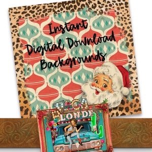 May include: Digital download backgrounds with a vintage Christmas theme. The image features a Santa Claus illustration, a red and green patterned background, and a sign that says "Vegas Blonde".