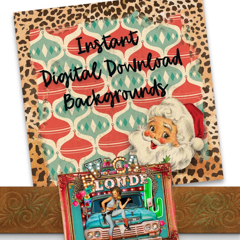 May include: Digital download backgrounds with a vintage Christmas theme. The image features a Santa Claus illustration, a red and green patterned background, and a sign that says "Vegas Blonde".