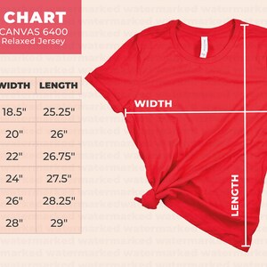 Puede incluir: Tabla de tallas para camisetas de jersey relajado para mujer Bella + Canvas 6400. La tabla muestra las medidas de ancho y largo en pulgadas para las tallas S, M, L, XL, 2XL y 3XL.