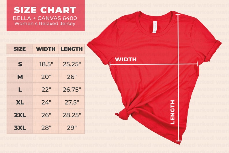 Puede incluir: Tabla de tallas para camisetas de jersey relajado para mujer Bella + Canvas 6400. La tabla muestra las medidas de ancho y largo en pulgadas para las tallas S, M, L, XL, 2XL y 3XL.