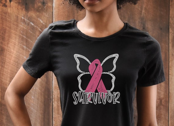 Cancer Survivor Butterfly Bling T-shirt, Womens Rhinestone