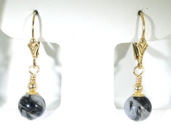 14K Gold Filled and Tourmalinated Quartz Lever Back Earrings with 8mm Beads, Hand crafted by Sha-Sha Beads