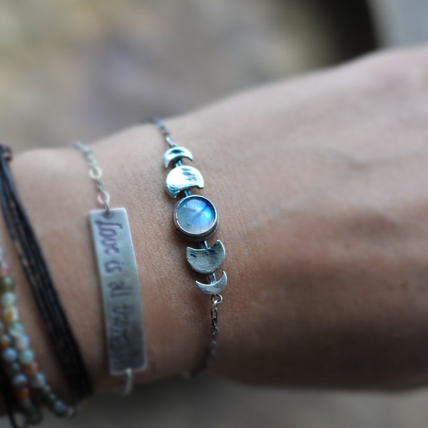 moon phases bracelet, sterling silver bracelet, moon cycle, feminine jewelry, real stone sterling silver bracelet