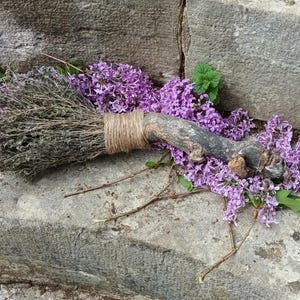 Può includere: Un mazzo di fiori di lavanda secchi legati con uno spago, appoggiato su una superficie di pietra. La lavanda è di colore viola chiaro e lo spago è di colore marrone naturale.