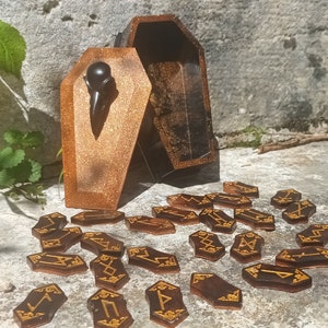 Viking runes, futhark runes, runes and storage box, raven, norse, legends, coffin box, black and bronze runes, resin runes