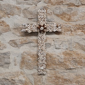 Large vintage wooden cross with shells, handmade, religious altar, cross, religious temple, Catholic, communion gift