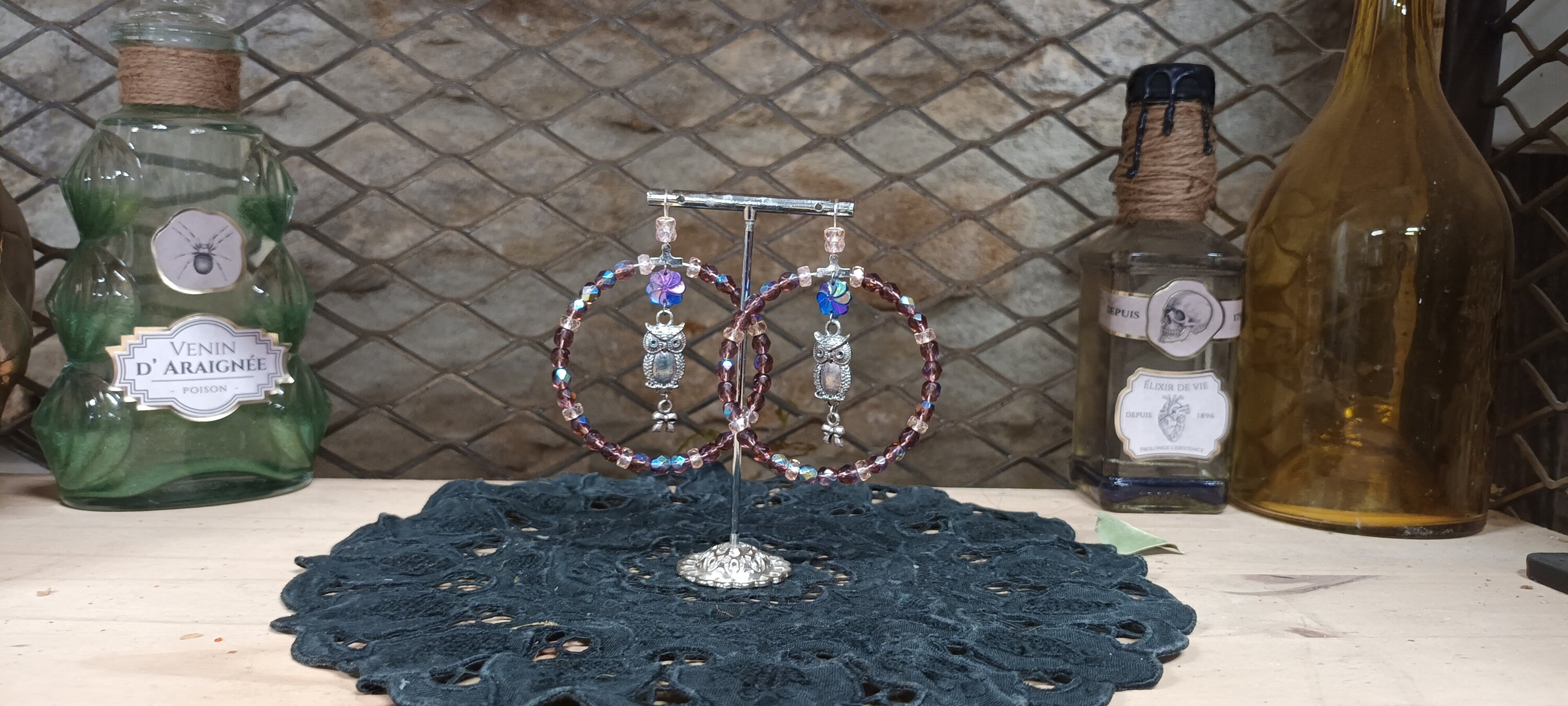 Grandes créoles en perles, perles hiboux, upcycling de bijoux, créoles, créoles