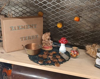 May include: A brown box with the words "ELEMENT TERRE" printed on it. The box is sitting on a wooden shelf with a variety of other items, including a copper pot, a small mushroom figurine, and a glass bottle with a cork stopper.