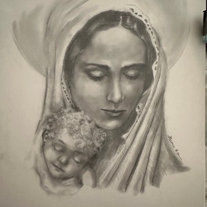 Original Art Maria and baby Jesus, Virgen Mary, Charcoal on paper Print or File to print