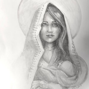 Original Art Maria, Virgen Mary, Charcoal on paper Print by Blanca Roa
