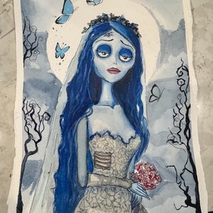 May include: Watercolor painting of a blue-skinned bride with long blue hair, wearing a white dress and holding a bouquet of pink flowers. The artwork features butterflies and a moon in the background, with dark tree branches on the sides.