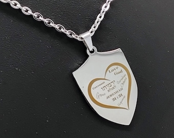 Jeremiah scripture necklace in Hebrew and English Stainless steel engraved with heart and 20 inches necklace