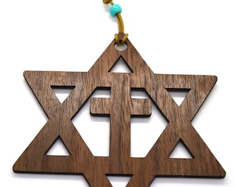 Star of David with the cross walnut or Basswood wooden cutout ornament wall art 5" Messianic Jewish gift