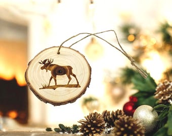 Moose handmade engraved on natural pine wood slice with the bark great decoration for the Christmas tree comes ready to hung gift box