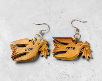 Dove of peace olive wood earrings set handmade engraved Shalom in Hebrew and peace Jerusalem in the back