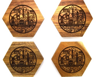 JERUSALEM Coasters Acacia wood engraved with the city of Jerusalem Israel set of 4