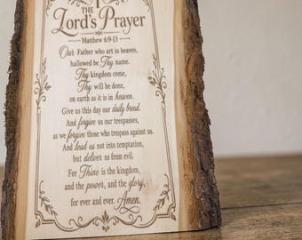 The Lord Prayer engraved live edge basswood Christian Bible verse prayer Matthew 6;9-13 size about 8” x 11”