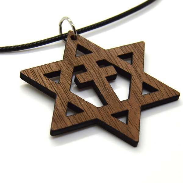 Star of David with the cross wooden Messianic Jewish pendant pendant Basswood or Walnut 18" necklace