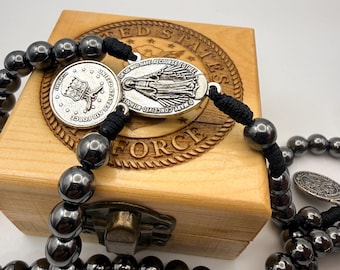 United States Air Force handmade paracord 8mm hematite rosary beads with engraved pine wood can be personalized on top of the box