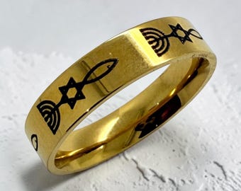 Messianic Seal Grafted In Israel ring engraved with the Star of David menorah and fish