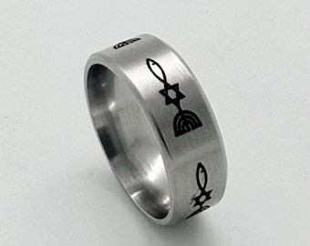 May include: A silver-colored ring with etched black religious symbols, including a Star of David, a rainbow, and a menorah. The ring has a brushed metal finish and a wide band. The symbols are evenly spaced around the ring.