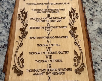 Ten Commandments Basswood live edge wall art hanging handmade wood engraved in English available in size 13” x 9” and 11” x 8”.